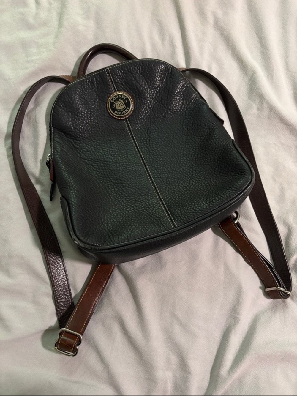 Dooney & Bourke Black Pebbled Leather Backpack with Brown Straps